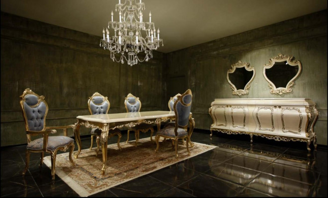 Luxusní jídelní souprava: jídelní stůl, 6 židlí, přistýlka, vitrína, zrcadlo