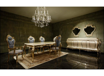 Luxusní jídelní souprava: jídelní stůl, 6 židlí, přistýlka, vitrína, zrcadlo