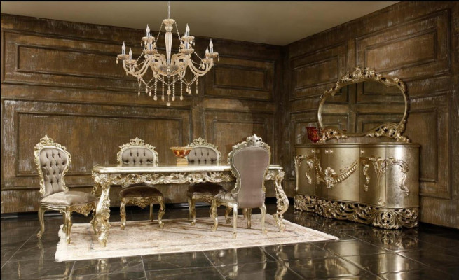 Klasická jídelní sestava: jídelní stůl, 4 židle, komoda, zrcadlo (8 kusů)