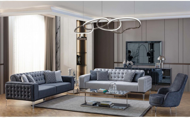 Chesterfield Šedá sedací souprava obývací pokoj Pohovky Třísedadlový+křeslo