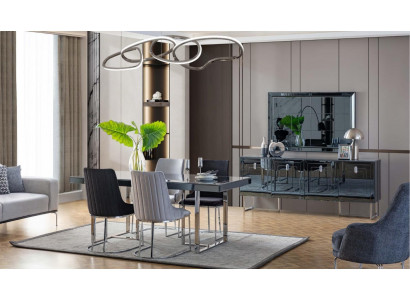 Moderní nábytek do jídelny - dřevěný stůl, 4x textilní židle, komoda, zrcadlo.