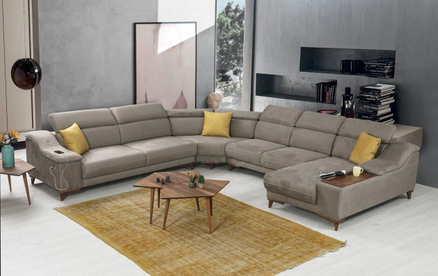 Sofa v obývacím pokoji v rohu U-tvaru, moderní čalouněný nábytek s textilním designem