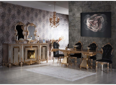 Kvalitní sedmičlenný jídelní pokojový nábytek v zlatém stylu.