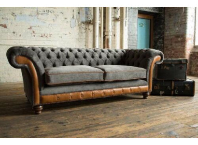XXL Pohovka 3místná pohovka Chesterfield čalouněný set sedadel kůže textil nový šedý