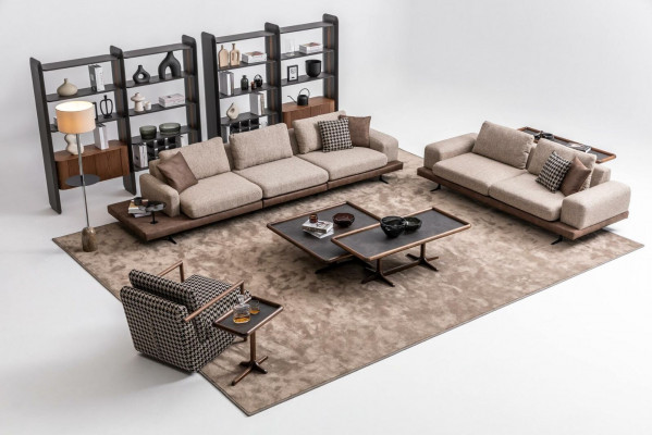 Hnědá textilní sofa sada obývacího pokoje třísedadlová pohovka luxusní nábytek z dubu