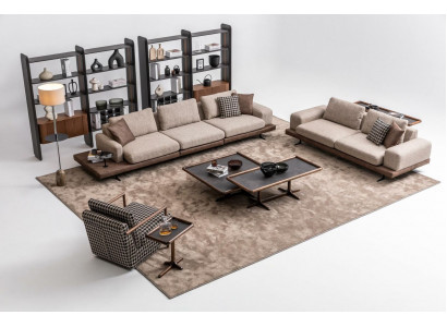Hnědá textilní sofa sada obývacího pokoje třísedadlová pohovka luxusní nábytek z dubu