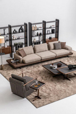 Hnědá textilní sofa sada obývacího pokoje třísedadlová pohovka luxusní nábytek z dubu