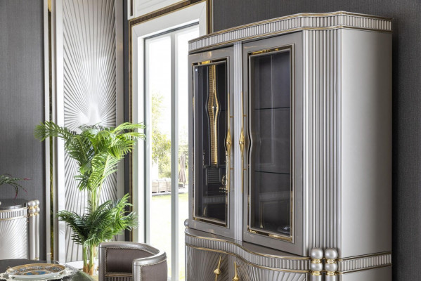 Vitrína šedá jídelna skříň regál design elegantní nábytek kov nový