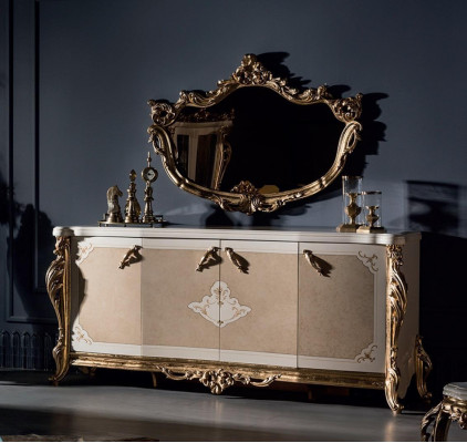 Jídelní set Beige Skříň Krásný Zrcadlo Moderní Luxusní Design Elegantní 2 kusy.