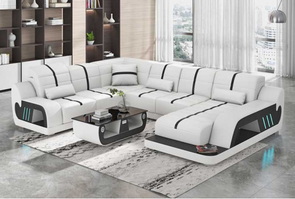 Moderní obývací krajina Rozkládací pohovka U tvaru Designová pohovka Bílá koženka.