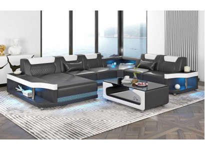 Velký rohový černý kožený rohový stůl XXL Wohnlandschaft s LED osvětlením.
