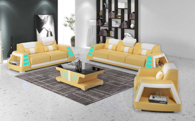 Sofa Set - Pohovková sada Pohovková sada Kožené pohovky Pohovky Kompletní 3dílná žlutá sada pohovek