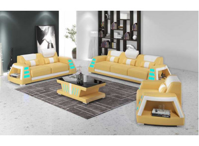 Sofa Set - Pohovková sada Pohovková sada Kožené pohovky Pohovky Kompletní 3dílná žlutá sada pohovek