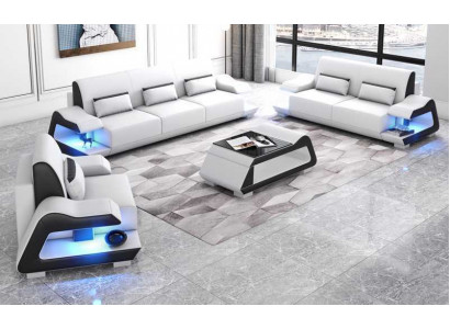 Sedadlová sestava, sedací souprava, kůžené pohovky, pohovka, kompletní sestava 3ks Bílá sada 3+2+1