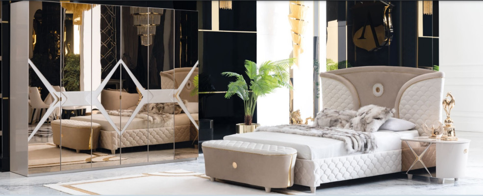 Postel Noční stolek Šatní skříň 6 dílná Ložnice Sestava Design Luxusní Koule Moderní