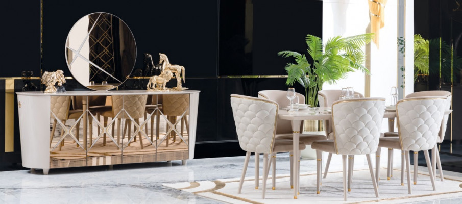 Jídelní set skupina souprava stůl nový jídelní stůl 6x židle komoda zrcadlo 9dílný