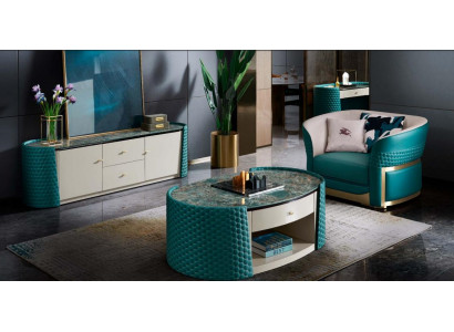 Stůl se zásuvkou ze dřeva a kůže v tyrkysovém moderním novém designu 2 kusy. Design nábytek