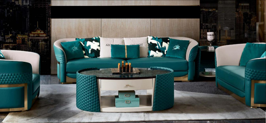 Konferenční stolek Dřevo Kůže Tyrkysový Oválný Moderní Design Nábytek Luxus Obývací pokoj 140x83