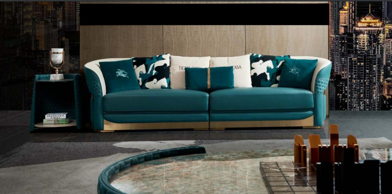 Konferenční stolek Dřevo Kůže Tyrkysový Oválný Moderní Design Nábytek Luxus Obývací pokoj 140x83