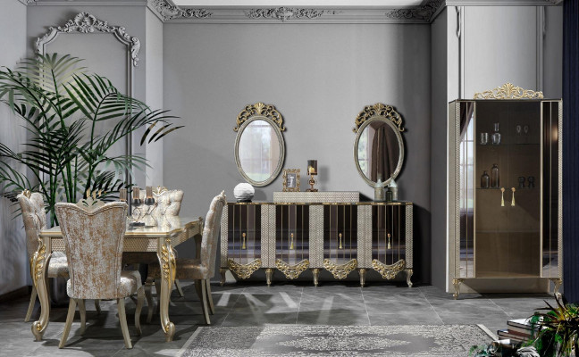 Vitrínová skříň Vitríny dřevo Luxus Klasické Zrcadlo Jídelna Beige