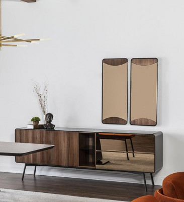 Sideboard Kommode Anrichte Spiegel Holz Modern Braun Set Garnitur  Bufet Skříň Nástěnné zrcadlo Dřevo Moderní Hnědý Set Souprava