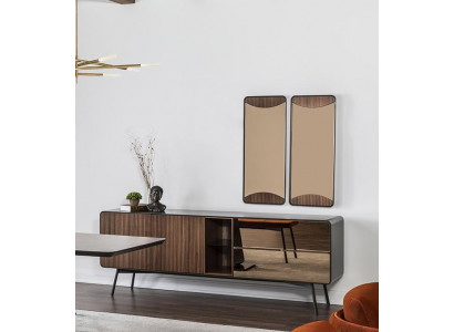 Sideboard Kommode Anrichte Spiegel Holz Modern Braun Set Garnitur  Bufet Skříň Nástěnné zrcadlo Dřevo Moderní Hnědý Set Souprava