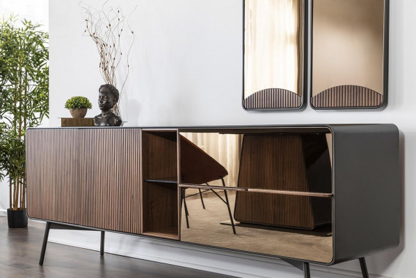 Sideboard Kommode Anrichte Spiegel Holz Modern Braun Set Garnitur  Bufet Skříň Nástěnné zrcadlo Dřevo Moderní Hnědý Set Souprava