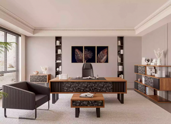 Moderní kancelářský nábytek, sada kancelářských nábytků, psací stůl, konferenční stolek, skříň na dokumenty.