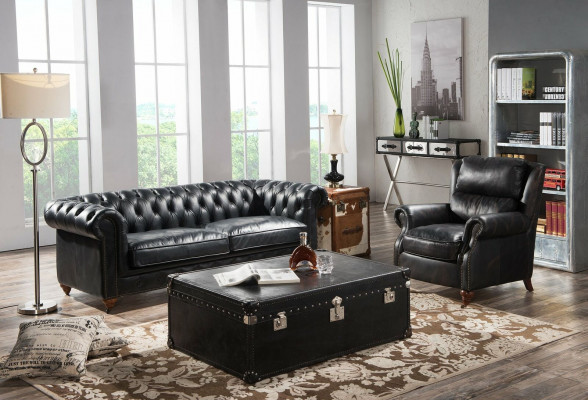 Chesterfield Sofa 3místná sedací souprava s křeslem černá vintage kůže nábytek styl 2ks. Nový