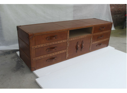 Starověká komoda Sideboard Kožená TV skříň  Lowboard Truhla Old Look Styl Kufr Stůl