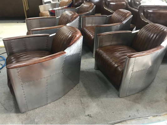 Křeslo pravá kůže Pohovka Sedací souprava Letadlo klub Loung Retro Aviátor Vintage Hliník