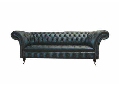 Klasická 3místná pohovka s potahem Chesterfield textil kůže modrá.