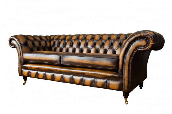 Hnědá pohovka 3místná pohovka designu Chesterfield polstrování kůží Nová