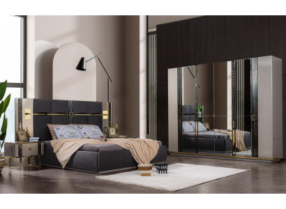Luxus ložní nábytek Dvojlůžko Noční stolky Šedá 4dílná Šatní skříň Postel
