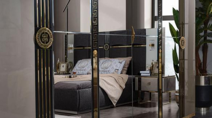 Luxus ložní nábytek Dvojlůžko Noční stolky Šedá 4dílná Šatní skříň Postel