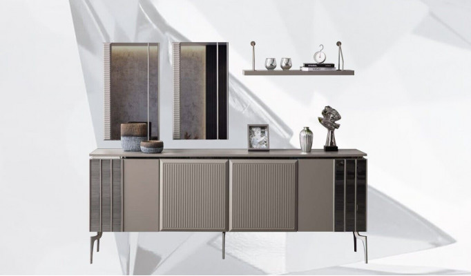 Garnitur Sideboard s nástěnným zrcadlem a šedým dřevěným komodníkem