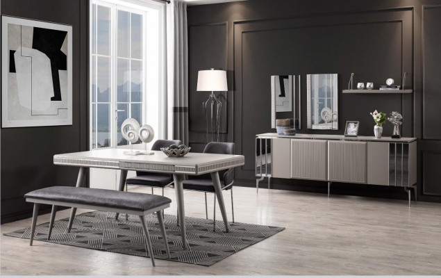 Garnitur Sideboard s nástěnným zrcadlem a šedým dřevěným komodníkem