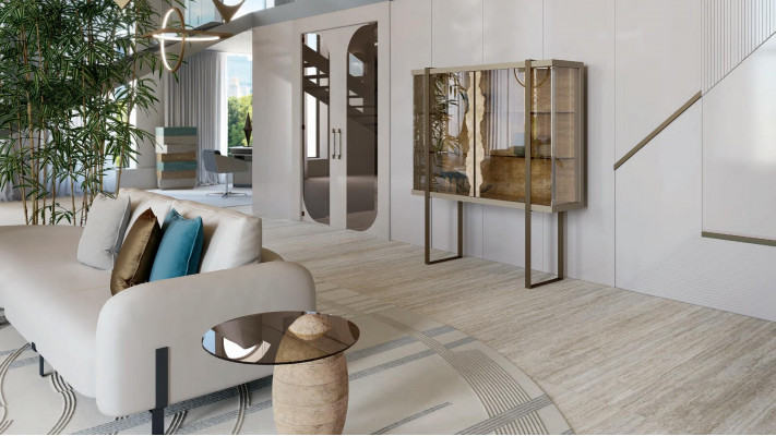 Obývací pokoj Barevný nábytek Skříň Dřevo Sklo Skříň Nábytek Luxus Design Nový