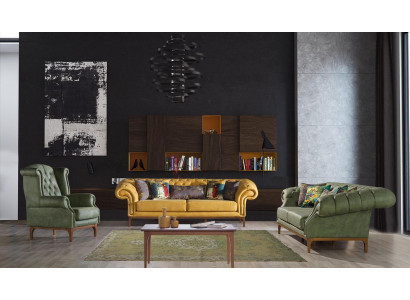 Zeleno-žlutá sedací souprava designový třímiestný luxusní křeslo 3 + 3 + 1 set