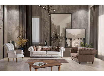 Bílo-hnědá sada Chesterfieldských sedaček, designové pohovky, luxusní sestava 3+2+1
