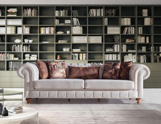 Bílo-hnědá sada Chesterfieldských sedaček, designové pohovky, luxusní sestava 3+2+1