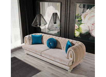 Beige Chesterfield polstrová pohovka designéra třímiestná textilní sofa 3-sedák.
