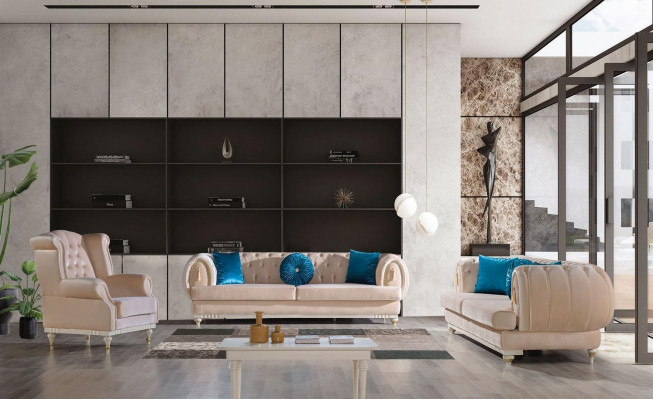 Beige Chesterfield polstrová pohovka designéra třímiestná textilní sofa 3-sedák.