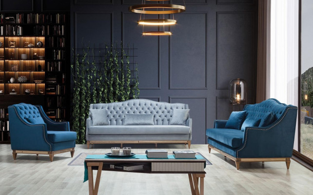 Modrá pohovka Chesterfield s třemi sedadly Relax Lounge pro obývací pokoj.