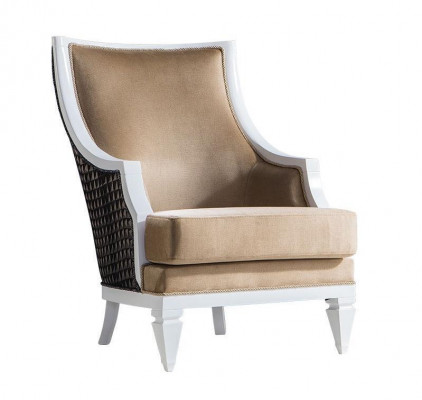 Sedačka s madly krémové barvy, jednosed pro jednu osobu, dřevěná konstrukce, dřevěná opěrka.