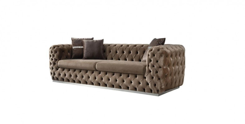 Pohovka 3místná potažená hnědým textilním potahem designová pohovka moderní Chesterfield