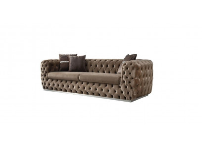 Pohovka 3místná potažená hnědým textilním potahem designová pohovka moderní Chesterfield