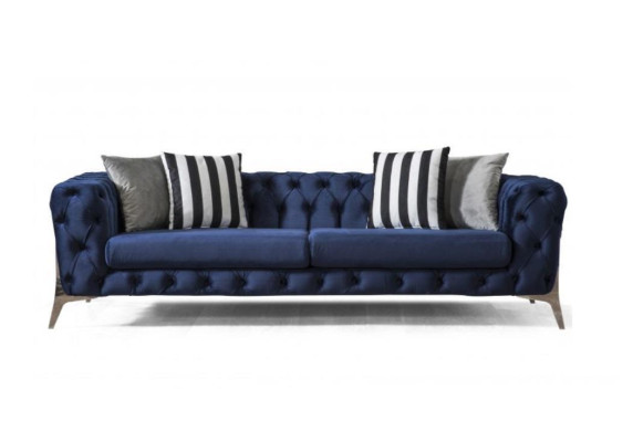 Chesterfield Sofa 3místná modrá sametová luxusní sedací souprava do obývacího pokoje