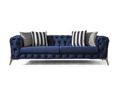 Chesterfield Sofa 3místná modrá sametová luxusní sedací souprava do obývacího pokoje