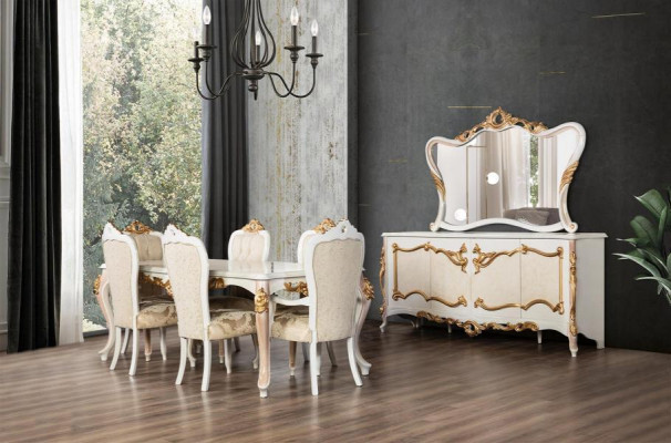 Luxusní set jídelny jídelní stůl židle XL stůl stoly židle dřevo design 7 kusů Nové